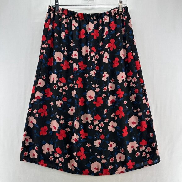 Lily Black A-Line Skirt Womens S Button Front Elastic Waist Floral Black Orange - Picture 2 of 9
